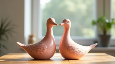 Pastel Rose Bird Sculptures On Wooden Table