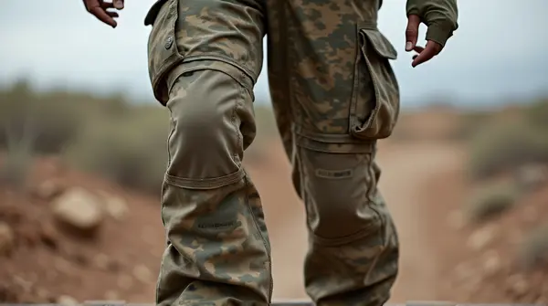 Patterned Tactical Trousers On Rugged Terrain
