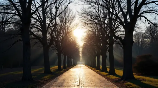 Paved Pathway Between Bare Branches Under Daylight