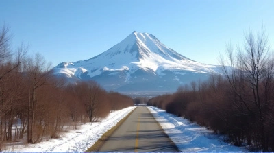 Paved Pathway Toward Ice-Capped Peak Under Clear Sky