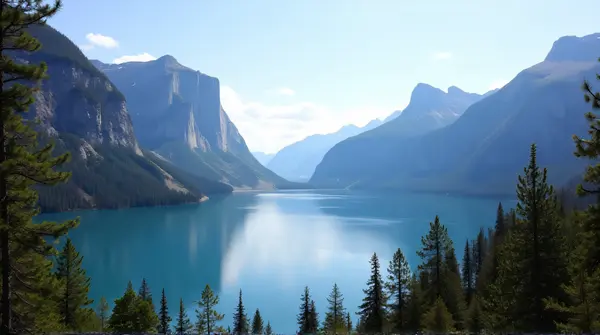 A tranquil lake bordered by tall rocky peaks and dense pine trees under a clear blue sky.
