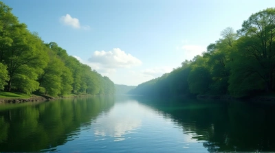Peaceful River Scene Under Expansive Blue Sky