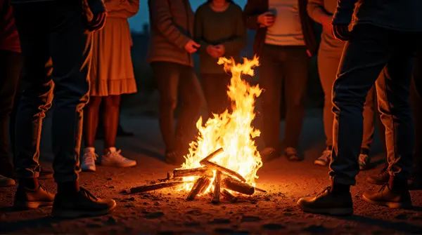 People Around Campfire With Dancing Embers