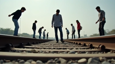 People Balancing On Railroad Tracks Perspective