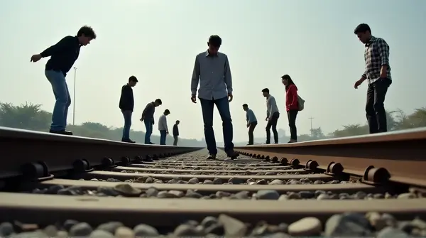 Individuals carefully balancing on railroad tracks with converging rails stretching into the distance.