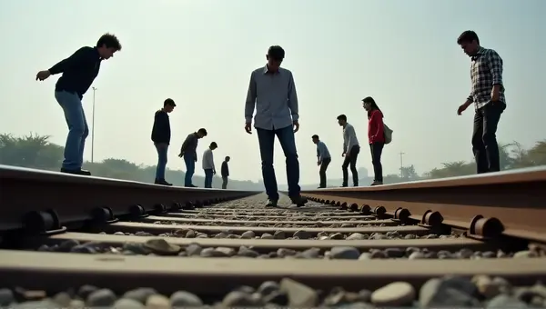People Balancing On Railroad Tracks Perspective