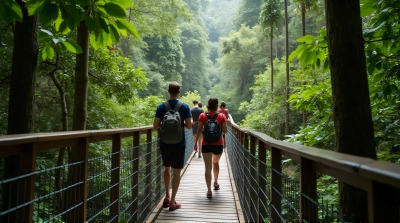 People Crossing Elevated Canopy Walkway Comfortably