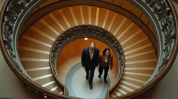 Man and woman descending spiral staircase inside elegant building, seen from above emphasizing curves and movement.
