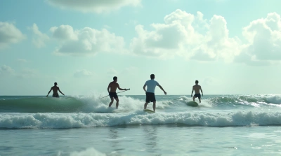 People Gliding On Sea Swells With Dynamic Sky