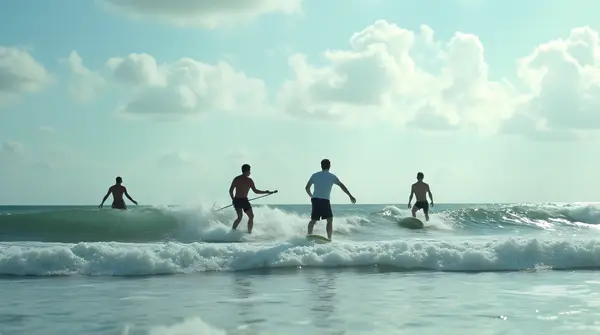 Group of people gliding on rolling sea swells beneath a dynamic sky with scattered clouds.