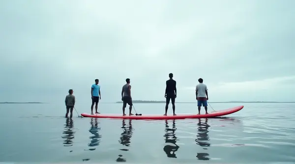 Several people stand on a reflective surface holding a red surfboard under cloudy skies with soft ripples.