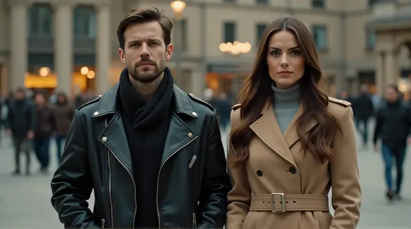 Man in black leather jacket and woman in beige coat standing outside near plaza under soft evening light