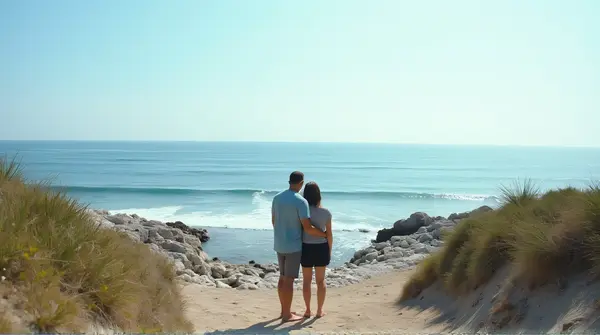 People Standing On Rocky Coastline With Calm Sea