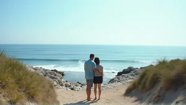People Standing On Rocky Coastline With Calm Sea