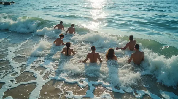 People Swimming In Sunlit Coastal Waters