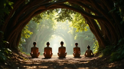 People Walking Through Leafy Archway With Sunlight