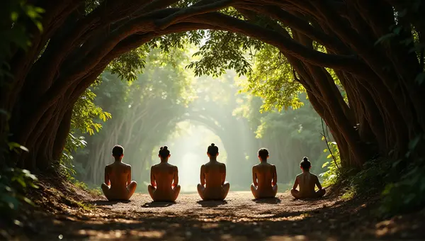 People Walking Through Leafy Archway With Sunlight