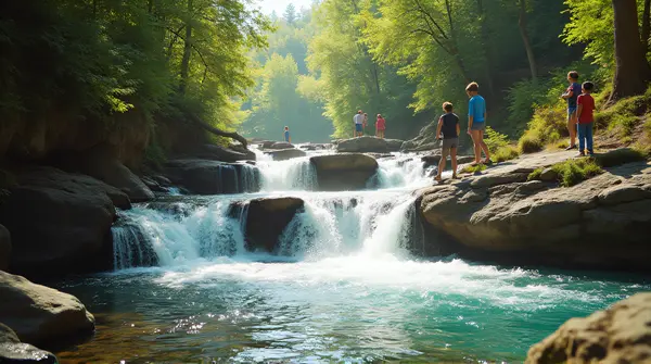 Individuals observing cascading water streams with sunlight and greenery around rocks