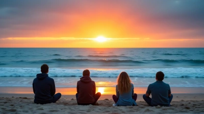 People Watching Waves On Sandy Beach At Colorful Sky