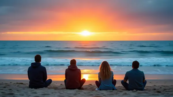 Several people sitting on a sandy beach watching waves under an orange and blue sky with curved shoreline