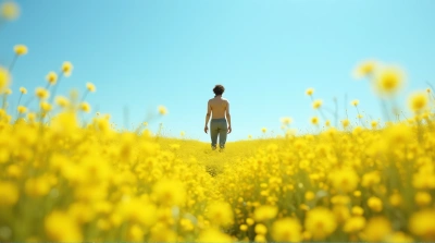 Person Amid Expansive Golden Blossoms Under Blue Sky