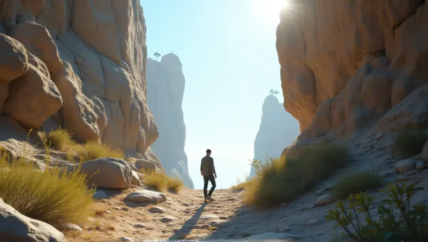 Person Among Jagged Stone Structures Under Clear Sky