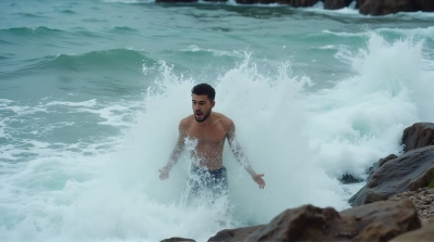 Person Battling Rough Ocean Swells Near Shore