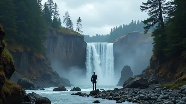 Person Beside Cascading Waterfall And Cliffs