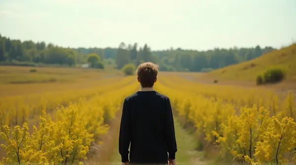 Individual wearing a black long-sleeve shirt standing in a colorful meadow under natural daylight.