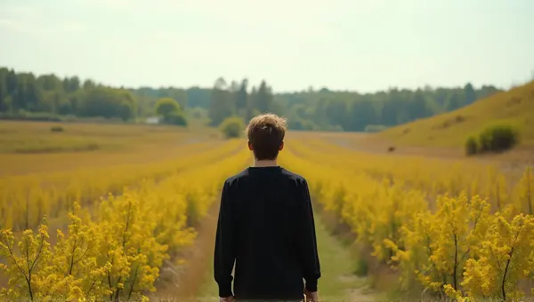 Person In Black Shirt In Vibrant Meadow Scene