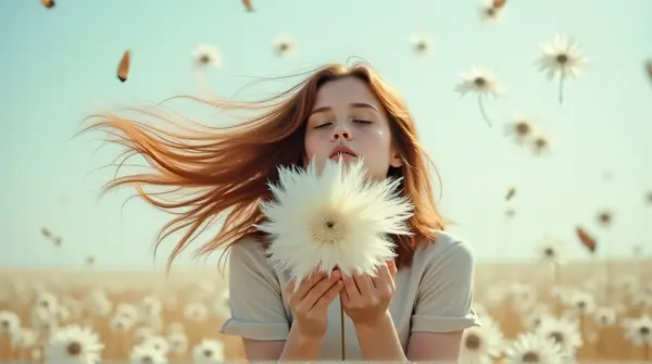 Person Blowing White Puffball Flower Seeds