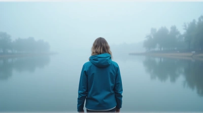 Person In Blue Jacket By Misty Water Scene
