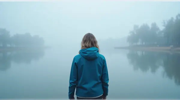 Person In Blue Jacket By Misty Water Scene