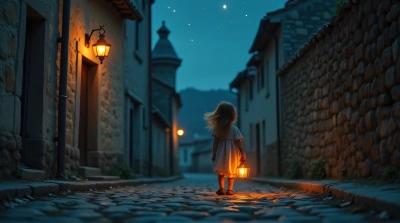 Person With Candle Lantern On Cobblestone Street