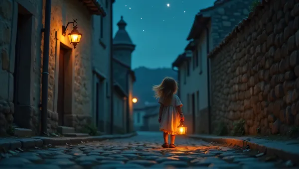 Person With Candle Lantern On Cobblestone Street