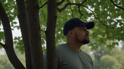 Person In Cap Near Leafy Tree Cluster With Soft Shadows