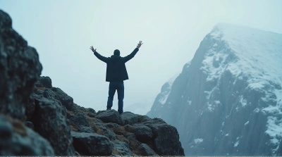 Person Celebrating On Frosty Rocky Summit