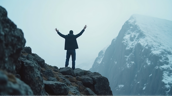 Backlit figure with raised arms stands on a rocky, frost-capped ridge under an overcast sky from low angle.