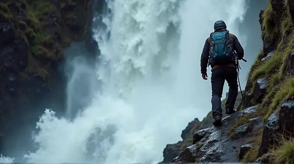 Person Climbing Steep Cliff With Flowing Water