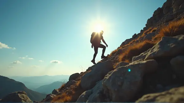 Person Climbing Steep Hill Under Sunny Sky