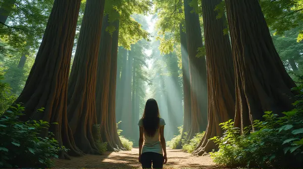 Person Contemplating Lush Green Tree Trunks