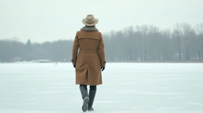 Person Crossing Icy Landscape With Leafless Trees