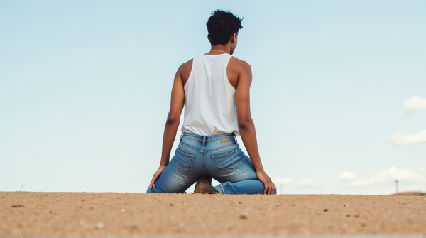 Individual wearing white sleeveless shirt and blue denim pants on tan granular ground under clear sky
