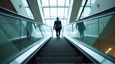 Person Descending Escalator In Spacious Building