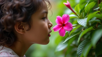 Person Enjoying Fragrant Magenta Flower Close-Up