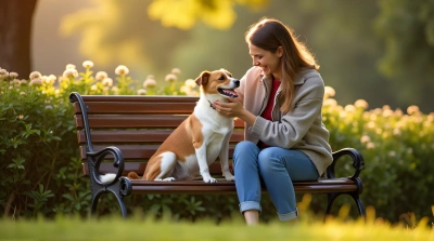 Person Enjoying Time With Happy Dog On Park Bench