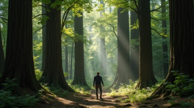 Person Exploring Dense Woodland Clearing Outdoors