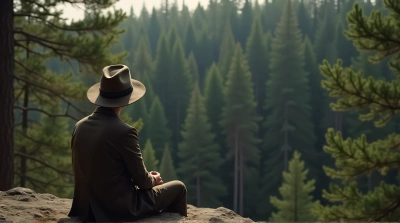 Person With Fedora Hat Gazing At Pine Woodland