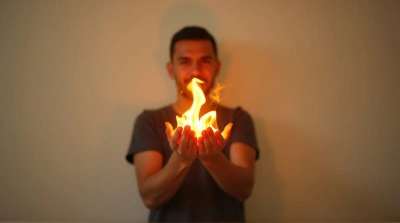 Person With Flames Rising From Palms Bright Colors