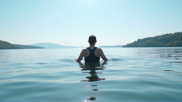 Individual in dark swim top floating peacefully on a reflective lake surrounded by treetops and gentle ripples under clear sky.